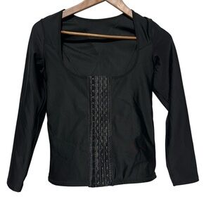 Black Corset Waist Trainer Top Medium Long Sleeve Hook & Eye Arm Shape